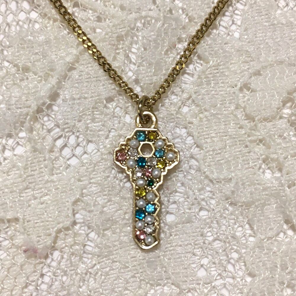 Dainty Rhinestone Key Pendant Necklace Gold Tone Multicolored Stones